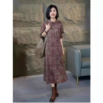 Премиальное платье из хлопка и льна с ретро-принтом, лацканы, весна 2025, новое свободное иностранное универсальное длинное платье-рубашка M