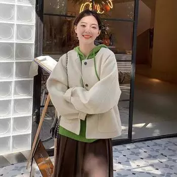 Премиальное розовое шерстяное пальто женская осенне-зимняя одежда 2024 новое маленькое короткое шерстяное пальто S розовый