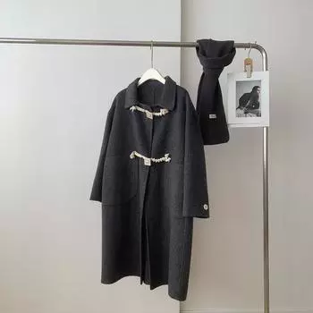 Премиальное шерстяное пальто с пряжкой из верблюжьего рога, женское, зимнее пальто 2024 года, новая корейская версия, свободное кашемировое двухстороннее шерстяное пальто S серый
