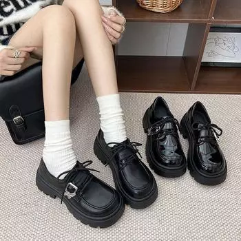 Премиальные черные туфли из кожи на толстой подошве и толстом каблуке для женщин, новые весенне-осенние туфли 2024 года в стиле ретро с глубоким вырезом 35