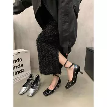 Премиальные французские ретро серебряные туфли Мэри Джейн маленькие кожаные туфли женские туфли с юбкой высокие каблуки легкие туфли с мочками 35 серебряный