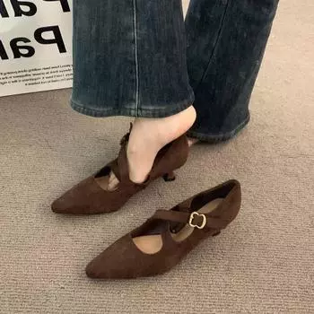 Премиальные красные туфли Мэри Джейн на тонком каблуке, женские туфли 2025 года, замшевые, темпераментные, на среднем каблуке, с острым носком, вечерние туфли для работы в офисе 34 бордовый