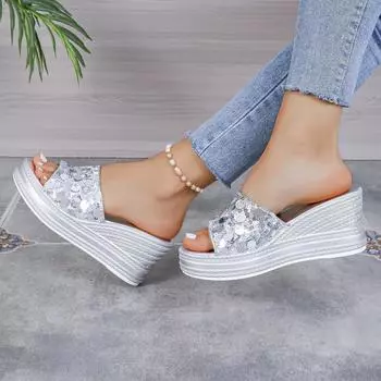 Премиальные женские тапочки на платформе с пайетками 2024 года, новая модная верхняя одежда, одно слово, большой размер, перетаскивание 36 чёрный