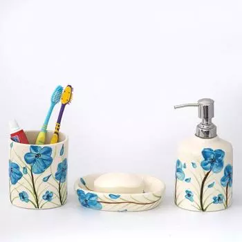 Премиальный керамический набор аксессуаров для ванной из 3 предметов | Роскошный набор для ванной с дозатором для мыла 300 мл, подставкой для зубных щеток и мыльницей | Предметы декора ручной росписи