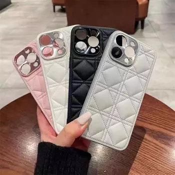 Премиальный клетчатый кожаный чехол для iPhone 16/15/14 Pro Max/Plus - стильный защитный чехол для камеры с покрытием iPhone 15 Pro Max белый