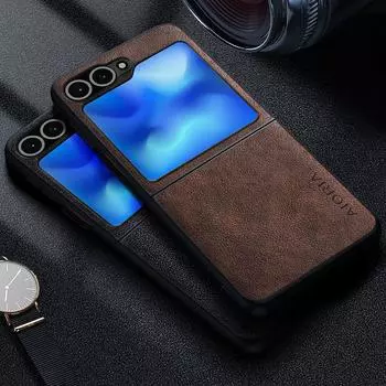 Премиальный кожаный чехол для телефона Samsung Galaxy Z Flip 6 в стиле ретро, деловой стиль, однотонный чехол For Galaxy Z Flip6 чёрный