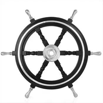 Премиальный штурвал ручной работы из латуни и дерева | Роскошный подарок, декор | Коллекционные предметы для лодки (черный (Алюминиевое кольцо и ручка), 16 дюймов)