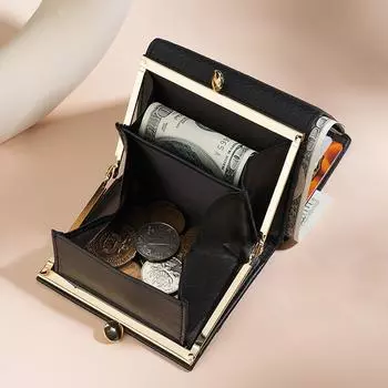 Премиальный женский кошелек из натуральной кожи с блокировкой RFID, отделкой из сплава, компактным карманом для монет и защитой от кражи чёрный
