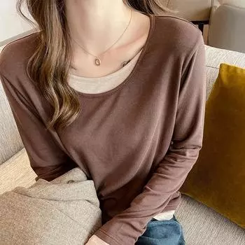 Премиальный женский топ 2 в 1 с длинными рукавами, стильная футболка с прямыми плечами, ранняя осень, 2024 г. L (115-130 jin)