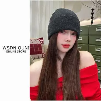 Premium atmosphere knitted hat autumn and winter women s flanged seamless headgear, ear protection, fashionable versatile stacking hat, showing 52-58CM серый