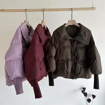 Премиум белый утиный пух с большими лацканами короткий пуховик женский 2024 зима утолщенный темперамент роговая пряжка хлеб куртка прилив One Size