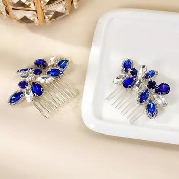 Premium Bridal Hair Comb Headgear Insert Comb Blue Rhinestone Hair Accessories Disc Hair Styling Accessories серебряный