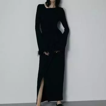 Премиум черное дизайнерское платье женское съемное облегающее платье из страусиной шерсти S чёрный