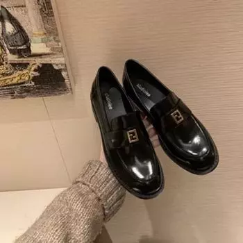 Premium Cowhide Edition~ Gold Square Buckle Round Head Thick Heel Women s Small Leather Shoes 34