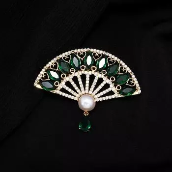 Premium Crystal Fan Freshwater Pearl Brooch Female Elegant Retro High-end Temperament Cheongsam Pin Suit Accessories