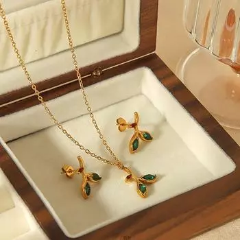 Premium Design Leaf Titanium Steel Necklace 18k Gold Stainless Steel Stainless Steel Earrings Women s Green Opal Ear Jewelry