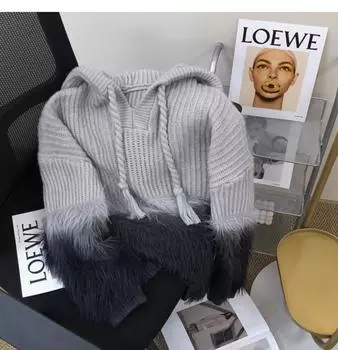 Премиум-дизайн, имитация норки, сшитая, с капюшоном, куртка, женская, осень и зима, новый корейский ленивый вязаный свитер one size fits all серый