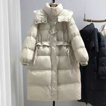 Премиум длинный пуховик женский зимний 2024 года в иностранном стиле, талия и тонкая треугольная пряжка утолщены над коленом для сохранения тепла S бордовый