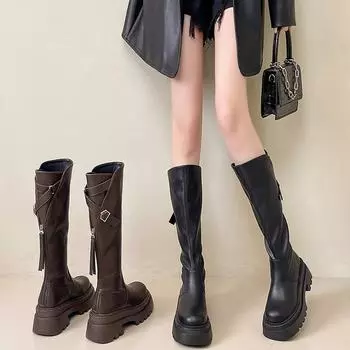 Premium Elastic But Knee Medium Boots Children s 2024 Autumn and Winter New Rear Zipper Thick-soled High Boots 40 коричневый