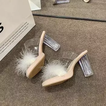 Premium fairy wind fluffy slippers female summer wear 2025 new fashion transparent high heel one-word sandals 35