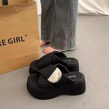 Premium feeling with skirt thick-bottomed cool slippers women s summer outer wear fashionable new go out heightening slippers 35 чёрный