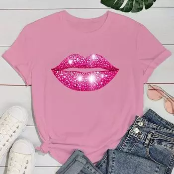 (Премиум-футболка)Ярко-розовые губы Смешная летняя женская футболка с принтом Харадзюку Модная летняя повседневная футболка с коротким рукавом Топ S