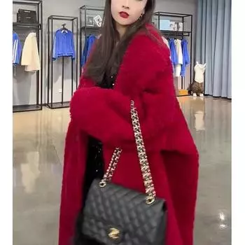 Премиум красное пальто женское свободное зимнее утолщенное новое военное одеяние богатая дочь знаменитость пальто из овечьей шерсти S [80-50 kg]
