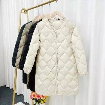 Премиум легкая куртка-пуховик с круглым вырезом женская средняя и длинная с ромбовидной сеткой белая теплая куртка из утиного пуха зимняя L
