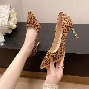 Premium leopard print suede fine heel light mouth pointed head matte high heel single shoes female sexy autumn and winter 2024 new models 34
