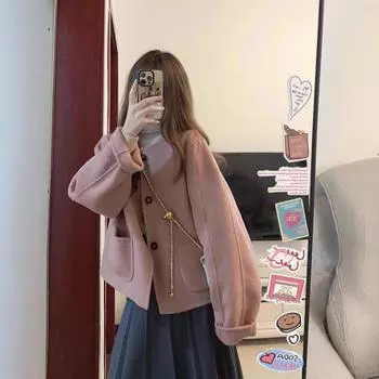 Премиальное розовое шерстяное пальто женское короткое осенне-зимняя одежда новая корейская версия маленькое литературное и ретро шерстяное пальто S
