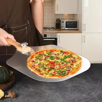 Алюминиевая лопатка для пиццы премиум-класса с резаком Лопатка для пиццы со складной деревянной ручкой Лопатка для пиццы для любой пиццы в помещении и на открытом воздухе A