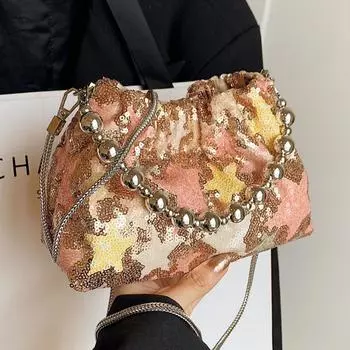 Премиум плиссированная сумка-ведро женская модная сумка-мессенджер с цепочкой, портативная маленькая сумка с блестками серебряный