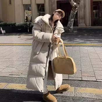 Премиум пуховик женский зимний новый жареный уличный супер длинный до колена до щиколотки большой стеганый капюшон утолщенное пальто S чёрный