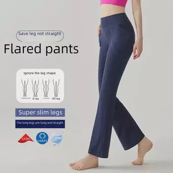 [Премиум] Расклешенные штаны для йоги с высокой талией и карманами – лайкра, широкие штанины, приподнимающие бедра Large