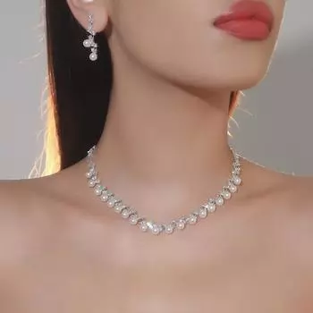 Премиум-роскошь супер-флеш бриллиантовое жемчужное ожерелье серьги комплект свадебных украшений из двух предметов свадебные аксессуары