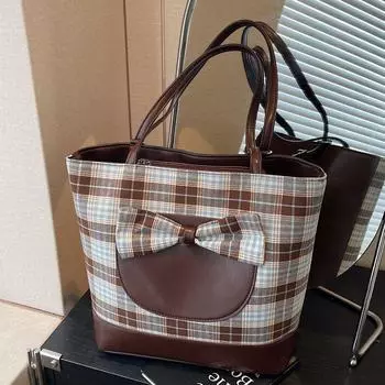 Рюкзак Премиум Качества Большой Вместимости Женская Модная Клетчатая Сумка через Плечо Милая Сумка-Тоут с Бантом