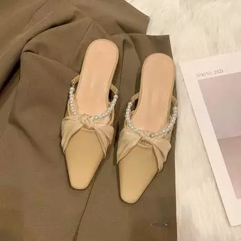 Premium sense niche pointed head bag head half slippers spring new pearl fairy cool slippers single shoes 35