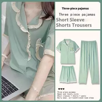 Премиум Sense of Sweet Lace Пижама из трех предметов Домашняя одежда Женский летний комплект домашней одежды с короткими рукавами и оборками в стиле Ins XL розовый