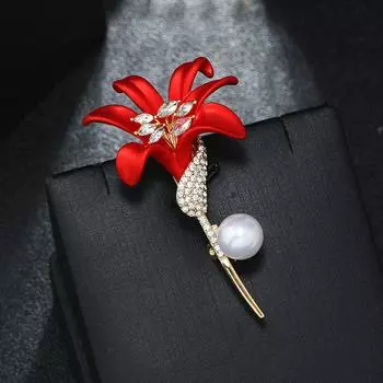 Premium sense red lily crystal brooch feminine elegance suit brooch high-end luxury coat pin trendy
