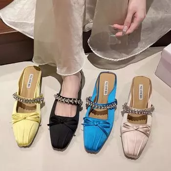 Premium sense rhinestone thick heel baotou half slippers 2025 French temperament elegant satin square head evening cool slippers 35 синий