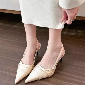 Premium sense satin pointed head shallow mouth sandals women s empty bag head beautiful thin heel high heels 35 абрикосовый