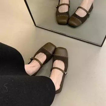 Premium sense shallow mouth single shoes women s flat 2024 autumn French evening breeze retro temperament fairy commuting Mary Jane shoes 35 хаки