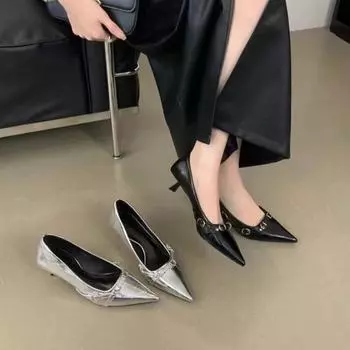 Premium sense silver light mouth pointed 2025 одиночные туфли женские туфли с одной педалью простые пригородные темпераментные туфли на высоком каблуке 35 чёрный