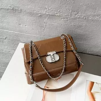 Premium Sense Small Fragrance Chain Small Square Bag Single Shoulder Armpit Top Layer Cowhide Bag for Women хаки