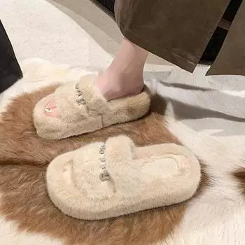 Premium sense versatile fluffy slippers women s autumn and winter new outer wear thick bottom heightening one-word cotton mop 35