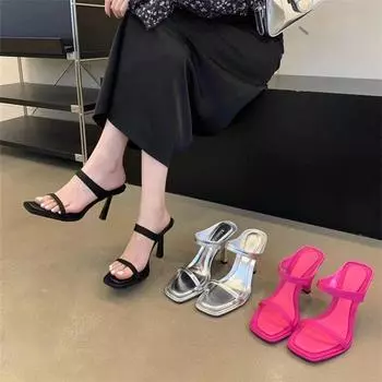 Premium silver square head high-heeled sandals women s 2024 summer new thick-soled stiletto fairy muller shoes one-word slippers 35