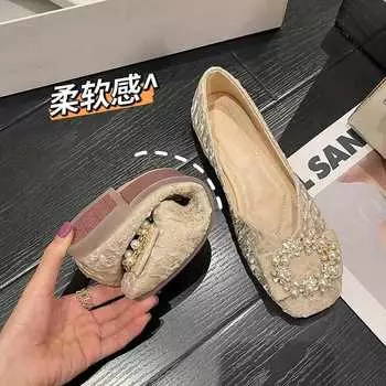 Premium single shoes women s flat shoes spring new square head shallow mouth fairy ladyshoes soft sole Doudou shoes 35