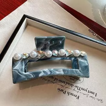 Premium Smoky Blue Acrylic Rhinestone Claw Clip, Large Square Shark Clip for Bun at the Nape