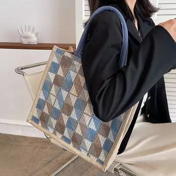 Премиум-смысл большая вместительная льняная сумка повседневного класса женская модная сумка через плечо для поездок на работу портативная сумка для покупок синий