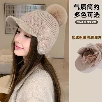 Премиум-смысл простая круглая этикетка утолщенная бейсболка из кроличьего меха новая зимняя защита ушей вязаная шерстяная шапка с комком шерсти M56-58cm чёрный